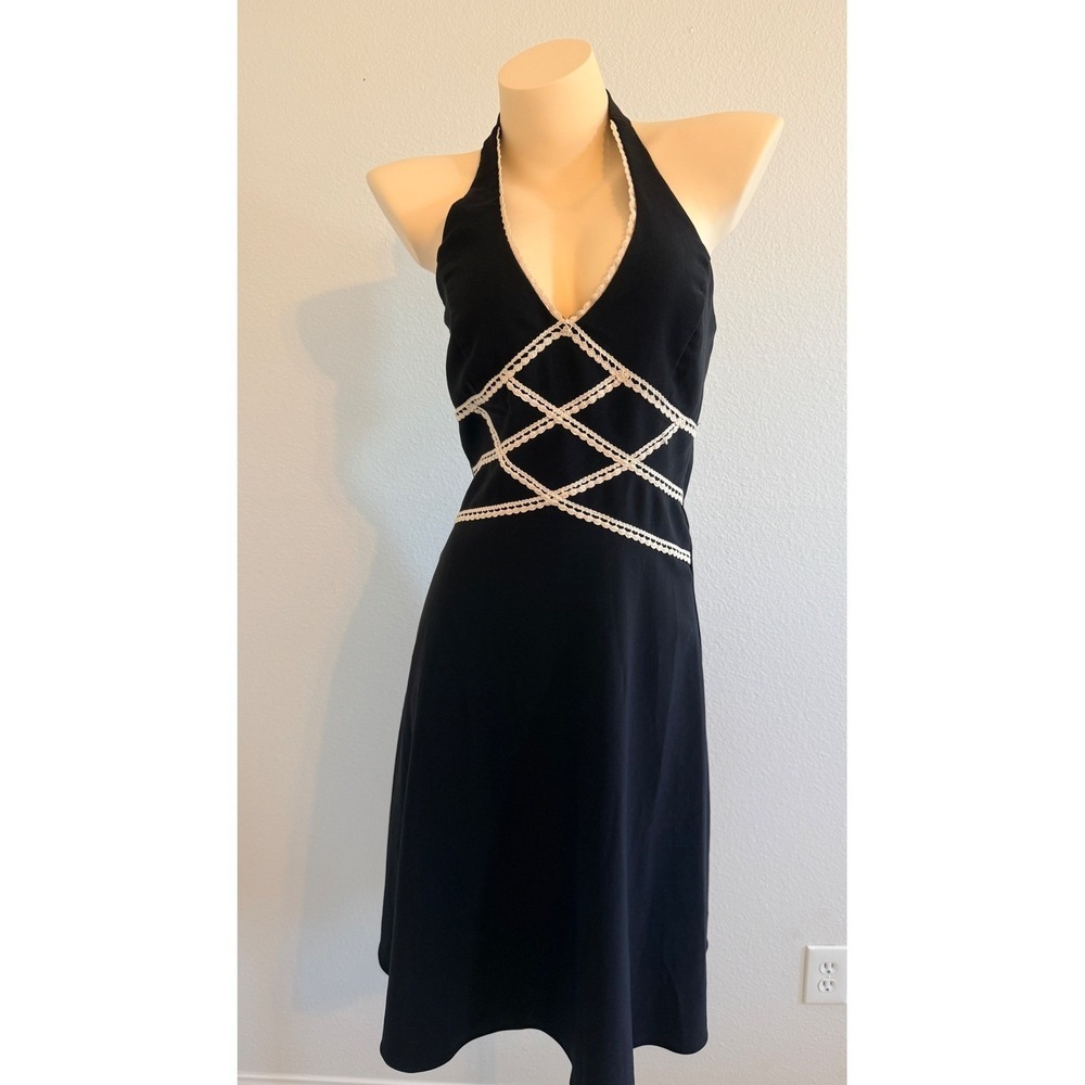 Vintage Byer Too Black Halter Dress Size 11 Crochet Trim V-Neck Backless 90s Y2K - Picture 8 of 11